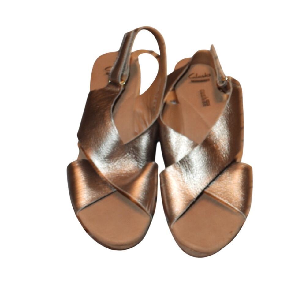 Clarks Women Annadel Eirwyn Sandal Size 9.5 Cork Wedge Platform Gold Leather